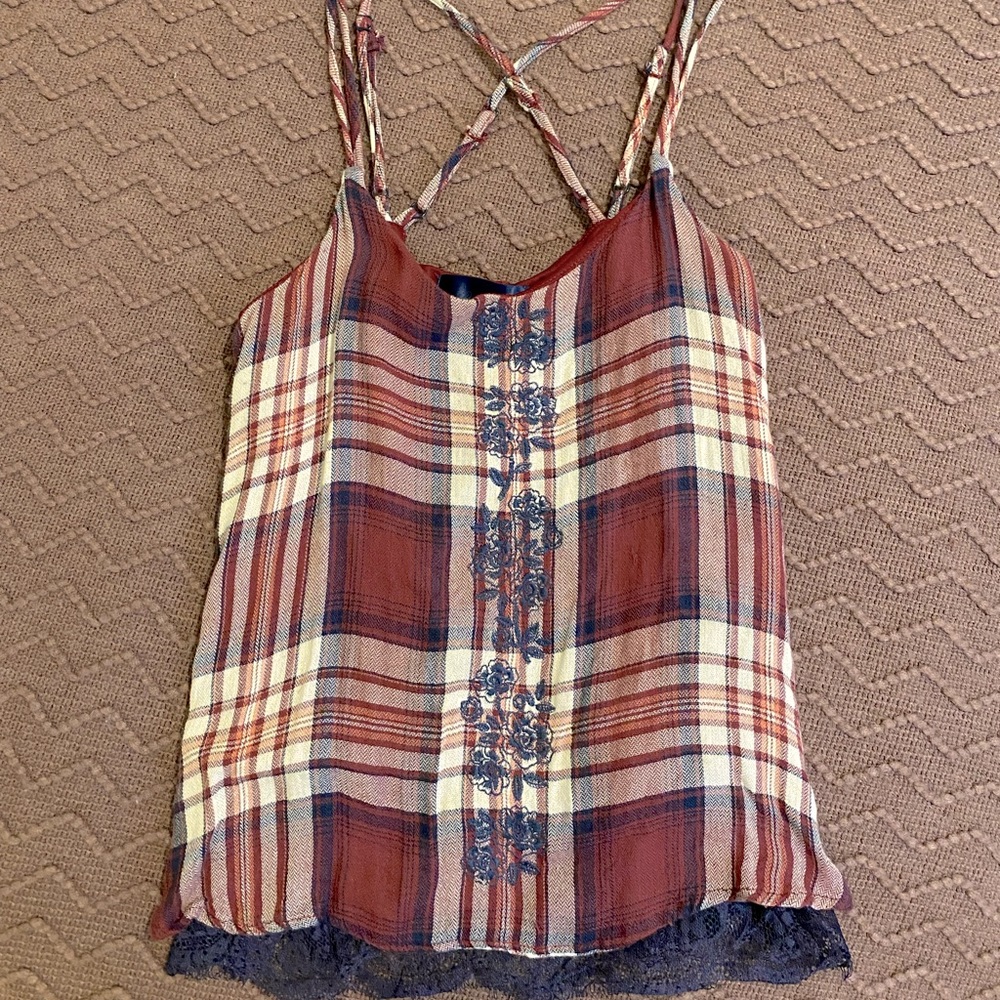 Francesca’s boho plaid + lace cami